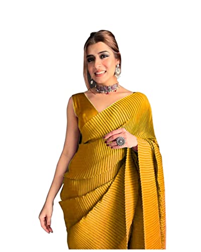 Image of StyleScope Women's Full Crushed Pleated Satin Saree With Unstitched Blouse Piece (Pleatedd)