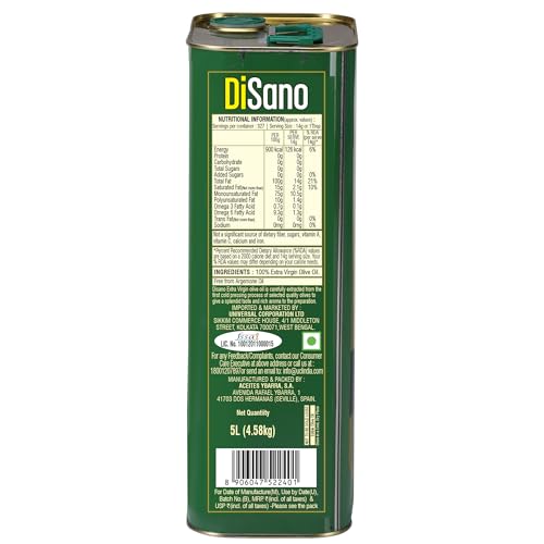 Image of DiSano Extra Virgin Olive Oil 5L, Cold Pressed, First Extraction, Ideal for Sauteing, Grilling & Dressing (Pack of 2)