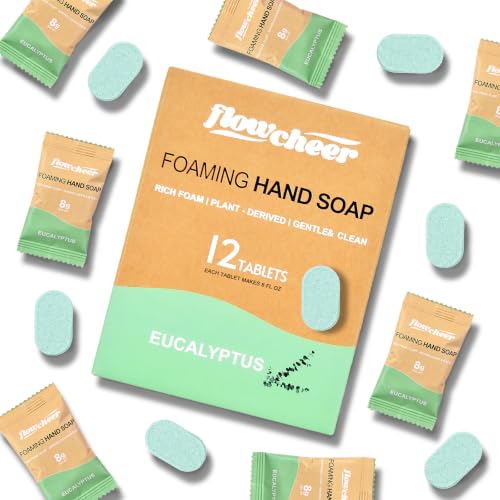 Image of flowcheer Foaming Hand Soap Refill Tablets, 12 Pack (Makes 12 x 9 fl oz), Eucalyptus Scent Hand Soap Tablets, Fresh & Clean Handwash, No Plastic Bottle