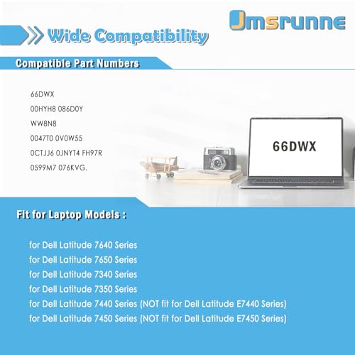 Image of 57Wh 66DWX Laptop Battery Replacement for Dell Latitude 7440 7450 7340 7350 7640 7650 Series Notebook WW8N8 0JNYT4 JNYT4 0047T0 047T0 0CTJJ6 CTJJ6 0V0W55 V0W55 FH97R 00HYH8 0HYH8 086D0Y 86D0Y