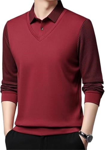 Men's Striped Lapel Fake Two-Piece Shirt Long Sleeve, Fake 2-Piece Knitted Shirt, Casual Sweater Polo Shirts