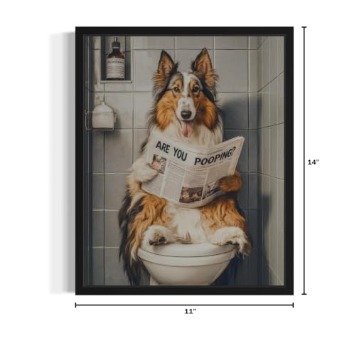 Image of Collie on Toilet Unframed Wall Art Print Poster, Dog Bathroom Humor Decor Posters Prints for Restroom Home Picture Painting Artwork Gallery 7 (Collie, 14 inchL x 11 inchW, Unframed)