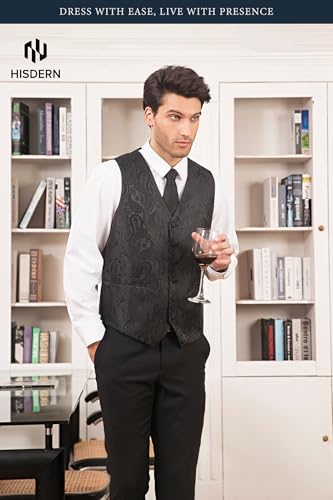 Image of HISDERN Mens Vest Tie Set 3PC Formal Waistcoat Paisley Floral Jacquard Necktie Pocket Square Suit Vests Wedding Party
