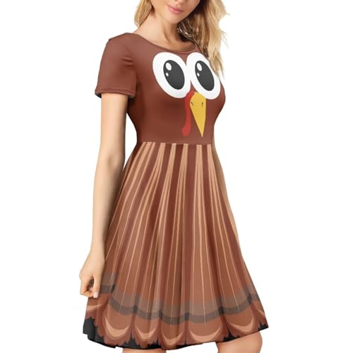 Image of POLERO Women Puffy Swing Elegant Party Midi Dresses Short Sleeve Round Neck A-Line Dress