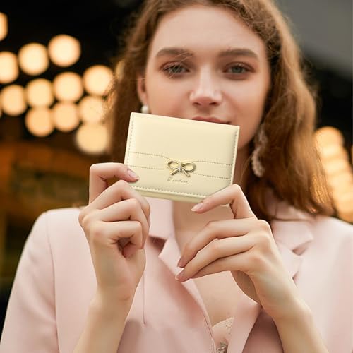 Image of RNIEGA Small Wallets Girls Cute Coquette Bow Wallet Women Aesthetic Credit Card Holder with ID Window, Cream Yellow