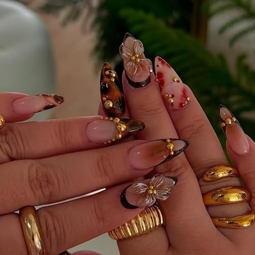 Image of Flower Press on Nails French Tip Fake Nails Leopard Print Glue on Nails with Gold Design Medium Almond False Nail Glossy Full Cover Brown Stick on Nail for Women Girls Manicure 24Pcs