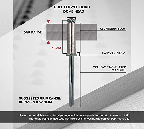 Rivet Fleur Aluminium 4,8x16,3mm pour Machine à Riveter et Fixation Plaque Métal