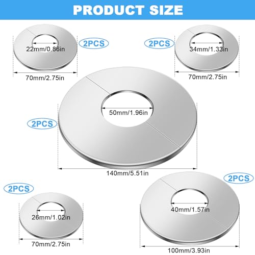 SDwfxd 10 Stk Wasserhahn Rosette, 22mm/26mm/34mm/40mm/50mm Edelstahl Selbstklebende Geteilte Rohrabdeckung, Abdeckrosetten für Wasserhähne, Rohre, Duschwanne