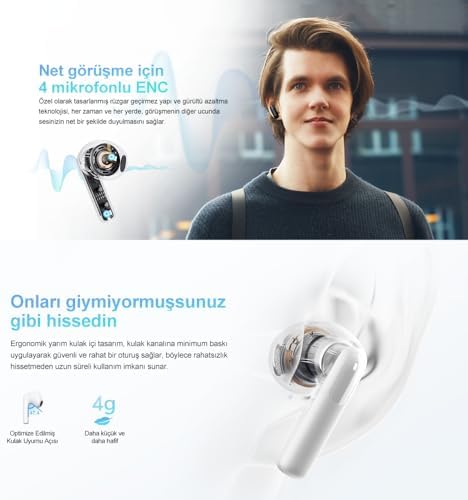 QCY AilyBuds E10 Bluetooth Kulaklık - HiRes - LDAC - Çift Cihaz - Oyun Modu 4 Mics ENC Kulakiçi Kulaklık Beyaz - Görsel 4