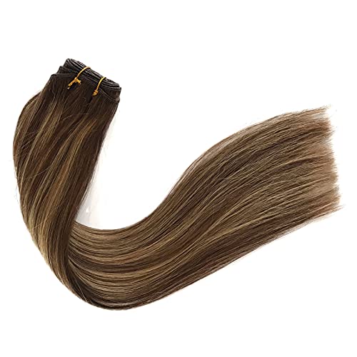 Ombre Balayage Human Hair Extensions Sew in Weft Hair Weave Bundles Brazilian Real Remy Hair Extensions for White Women Chestnut Brown with Beige Blonde Highlights Double Weft Full Head 120g 24 Inch