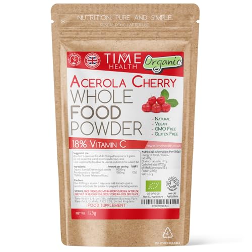 Organic Acerola Cherry Powder - Natural & Wholefood - 18% Vitamin C - Soil Association Approved - GMP Standards - UK Made - Zero Additives (125g Powder Pouch)