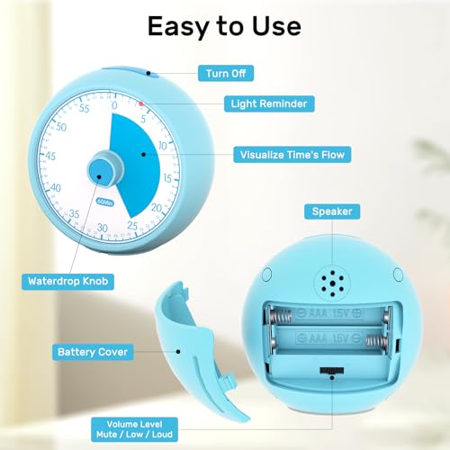 Conchstar Visual Timer 60-Minute, Kids Timer for Homeschool Desk, Time Management Tools with Silent Operation, Timer for Kitchen Office Classroom (Blue) - Image 7