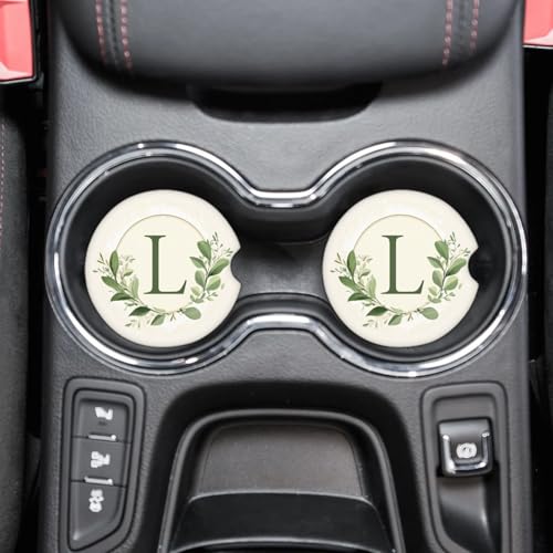 HISQSTUU Letter L Green Car Coasters 2 Pack Spring Eucalyptus Leaves Absorbent Cup Holder Coaster Set with Non-Slip Cork Base Ceramic Cup Mats Car Accessories 2.7 Inch -  A-002Y-003-0656-01-254E-000N
