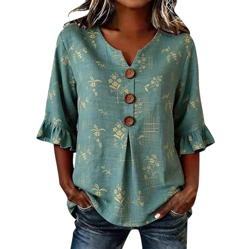 Blusas de verano para mujer, cuello en V, bordado, floral, bohemio, sólidas, ligeras, cómodas, versátiles, tallas grandes, ropa elegante para oficina, uso casual, E-verde., M