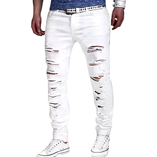Men's White Skinny Ripped Jeans Slim Distressed Stretch Jean Pants Destroyed Regular Elasticity Solid Denim Pants