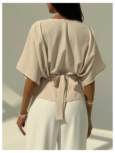 Floerns Women's Elegant Blouse V Neck Dolman Sleeve Tie Back Dressy Casual Shirts2