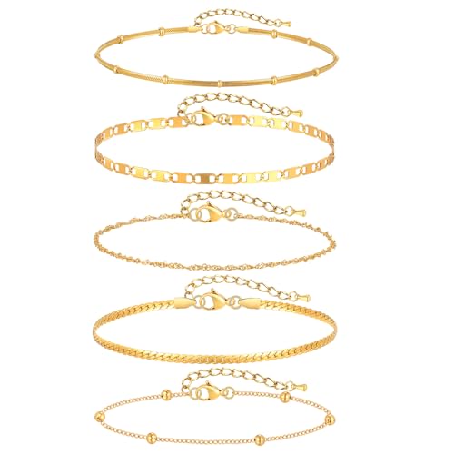 Image of KSF Gold Anklets for Women Waterproof - 18k Gold Plated Ankle Bracelets for Women, 5PCS Anklet Set Cuban Herringbone Figaro Link Chain Anklets for Women Summer Beach Jewelry Gift Adjustable Size