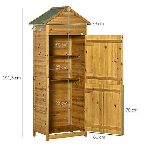 Outsunny Gartenschrank Holz, wetterfest Geräteschrank 79x49x191,5cm, Gerätehaus mit Satteldach, Doppeltür, Böden, Gartenschuppen Geräteschuppen Werkzeugschrank für Terrasse Garten, Naturholz