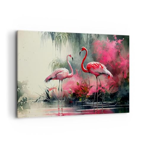 Moderne Impression sur Toile 100x70cm Image Tableau Decoration Murale Flamants Roses Morceau Paysage Tableaux Decoratifs Muraux Chambre Horizontal Deco Cadre...