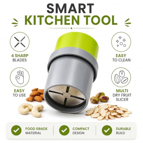 Image of Manual Nut Chopper for Dry Fruits, Almonds, Walnuts, Pistachios & Cashews, Hand Operated Plastic Dry Fruit Grinder with Stainless Steel Blades for Kitchen Use, Green & Grey | Not Electric |