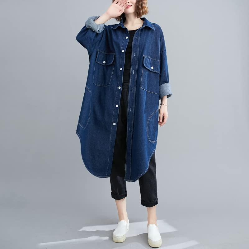 Women's Fashion Spring/Fall Button Down Maxi Long Loose Denim Jean Jacket Trench Coat2