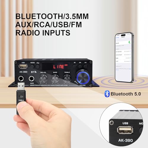 Image of 800W Amplifier Home Audio, Bluetooth 5.0, RMS 40Wx2, 2 Channel Amplifier with USB SD BT.C FM AUX for Home Theater Karaoke, Garage, Backyard, Theater, Outdoor, Poolside