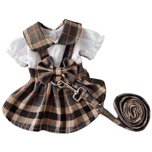 ペット服セットかわいいチェック柄リボンデザイン犬服ハーネス一体型小型犬服猫セレクト (ブラウン, M)