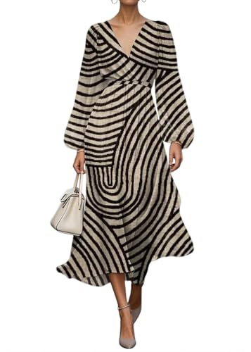 shownicer Damen Kleider Elegant Kleid Lang Blumendruck Musselin Kleid V Ausschnitt Wickelkleid Langarm Herbstkleid Vintage Midikleid A Schwarz XL