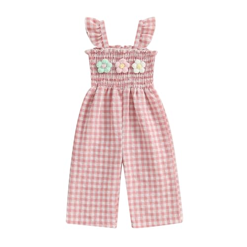 Baby Girl Summer Clothes Toddler Plaid Ruffled Smocked Romper Wide Leg Overalls Sleeveless Suspender Jumpsuit