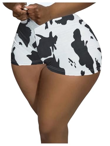 WDIRARA Women's Cow Print Elastic High Waist Shorts Stretch