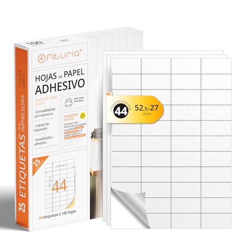 Folios A4 de Etiquetas Adhesivas Blancas, Crea tus Pegatinas Personalizadas para cualquier Superficie, Papel A4 Adhesivo Seguro, Etiqueta Adhesiva para Imprimir - Ofituria (44 por hoja, 25h)