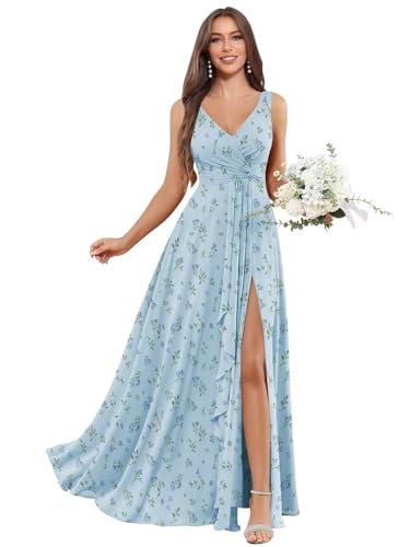 Image of BOLENSYE Floral Blue Long Bridesmaid Dresses for Women with Pockets A Line Pleated Formal Gown Size12