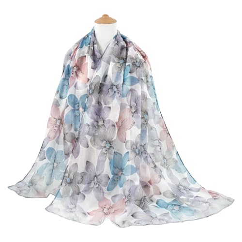 GERINLY Elegant Lady Scarf with Flower Print, Light Cotton Voile Head Wrap, Pretty Shawl (Light Grey)2