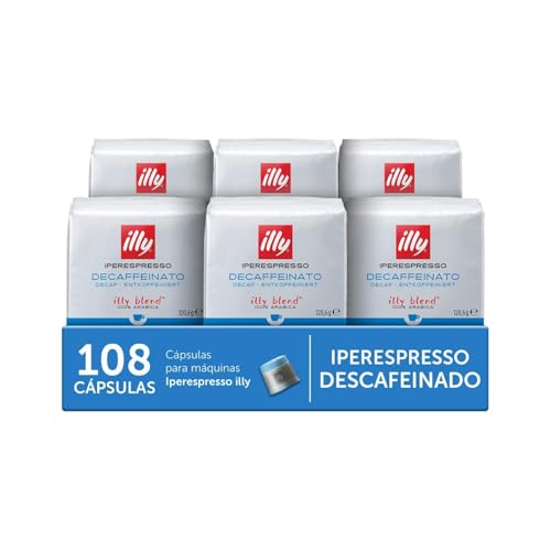 illy, Cápsulas de Café Iperespresso DESCAFEINADO, 100% Arábica con Notas de Caramelo, Chocolate y Pan Tostado, Sin Cafeína, Sabor Equilibrado, 6 Paquetes de 18 Unidades (108 Cápsulas)