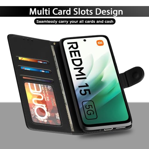 Image of Pikkme Flip Cover for Redmi 15 5G Leather Finish | Inside TPU with Card Pockets | Wallet Stand and Shock Proof | Complete Protection Flip Case(Black)