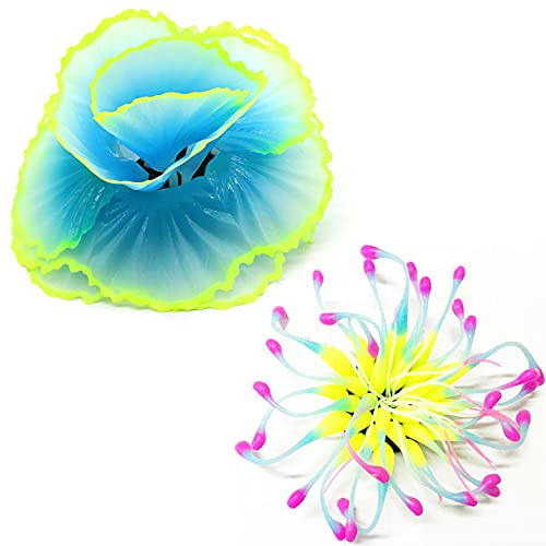 ISUMER Aquarium Decor, Glowing Fish Tank Decoration Accessories, Resin Fish Tank Coral Plants, Simulation Anemone Corals for Fish Tank Decorations (2 Pack)