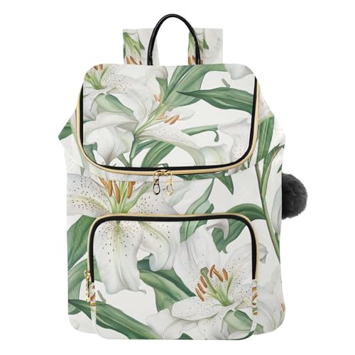 KLL White Lily Flower Women Backpack Large Capacity College Bookbag Shoulder Bag for Shopping Sports Travel