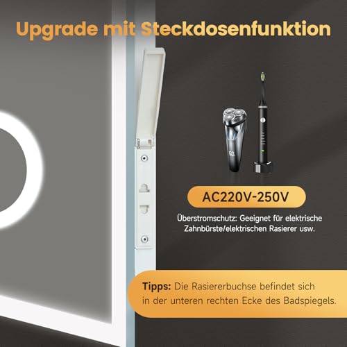 YOLEO Badspiegel mit Beleuchtung, LED Spiegel mit Uhr, Temperatur, 3-Fach Vergrößerung, Wandspiegel mit Steckdose, Badezimmerspiegel LED Beschlagfrei, 3 einstellbare Lichtfarbe, 100x60cm 4