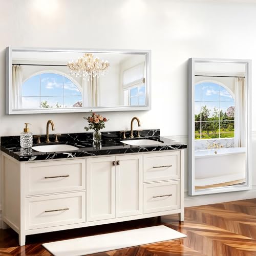 Image of 60 x 28 inch Brushed Silver Bathroom Mirror, Metal Framed Large Rectangle Mirror, 0.6 inch Thickened Deep Frame Mirrors for Living Room Bedroom, Tempered Glass, Antirust, Horizontal or Vertical