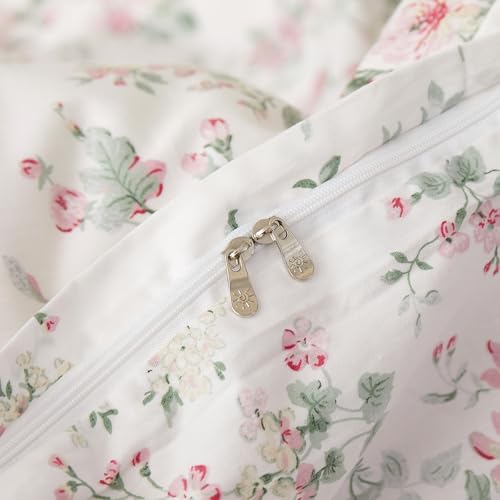 Image of VM VOUGEMARKET Queen Duvet Cover Set Pink Floral Bedding Set on White 100% Cotton Reversible Vintage Comforter Cover with Zipper&Ties