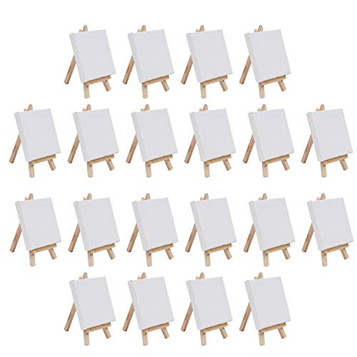 Set Mini Lienzos Pequeños con Caballete de Madera- Pack 20 Lienzos (10x10cm) Caballete para Pintar (14,5 cm) Mini Exhibidor Lienzo en Blanco para Dibujar, Pintura al Óleo, Manualidades
