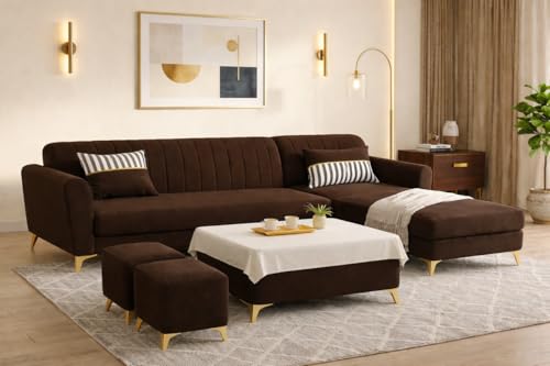Image of Adorn India Premium Luster 8 Seater L Shape Sofa Set with 2 Puffy & 1 Center Table | Velvet Suede Fabric | 3-Year Warranty | RHS | Brown with Golden Legs & Striped Pattern Cushion