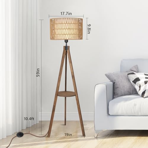 Image of LAMSU Boho Tripod Floor Lamps for Living Room, Rattan Wood Floor Lamp with Fabric Shades, Mid Century Standing Lamp with Shelf, Foot Switch, Modern Farmhouse Tall Lamps for Bedroom Office Brown