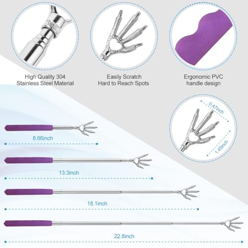 Image of Yeipis 4 Pack Different Back Scratcher Metal Portable Telescoping Tool with Beautiful Box, Extendable Back Massager with Rubber Handles, Gifts for Men Women Kids Adults (Purple)