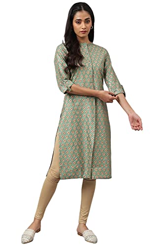 Image of W for Woman Green Glitter Printed Kurta in Mandarin Collar
