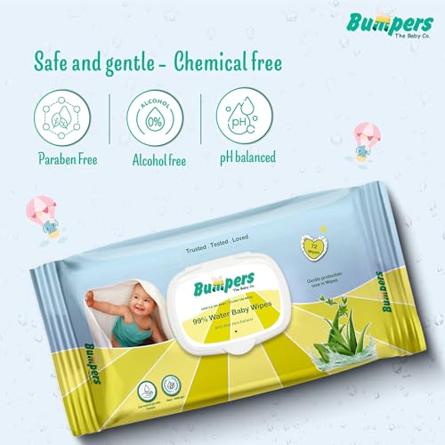 Image of Bumpers Baby Wipes | 99% Water Based | Alcohol & Paraben Free | Extra Thick | Safe for Sensitive Skin| 72 Counts /Pack (Set of 2) (144 Wipes)