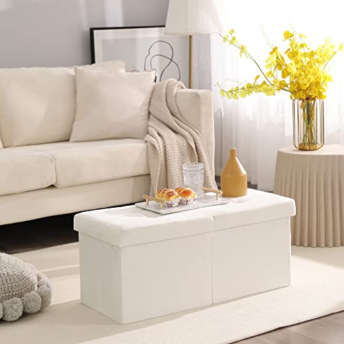 Image of Storage Ottoman Bench Foldable Footrest Foot Stool, 30 inch Velvet Cream | Small Ottoman Foot Rest Seat Shoe Bench Flip-Top forliving Room End of Bed Bedroom Couch Dorm, 80L Folding Upholstered Chair