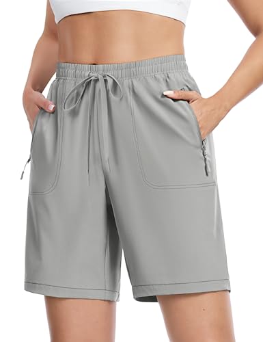 TACVASEN Hiking Shorts for Women Lightweight Long Athletic Shorts with Pockets Quick Dry Running Travel Sun Protection Light Grey XL