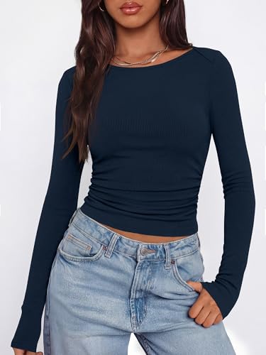 BTFBM Womens Long Sleeve T Shirts Spring Clothes 2026 Ribbed Slim Fit Boat Neck Casual Going Out Tops Workout Outfits(Navy Blue, Large) - image 8