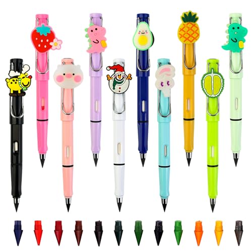ZIGefofo 10 Piezas Lapiz Eternos Sin Tinta Dibujos Animados con Borrador y 12 Punta de Reemplazo de Color Duradero Lápices Mágicos Ergonómicos Infinito Reutilizable Escribir Dibujar
